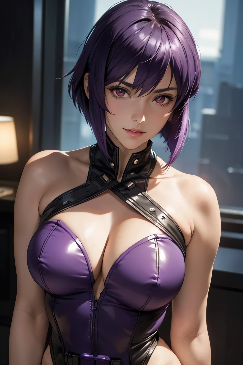 jambes grasses, gros seins, sourire, (extremely fine and beautiful:1.1), (perfect details:1.1), (finely detailed eyes and detailed face:1.3), Motoko Kusanagi, Ghost in the shell, short hair, purple hair, red eyes, black fingerless gloves, purple leotard, black jacket, short hair, cleavage, highleg leotard, cyberpunk, science fiction,