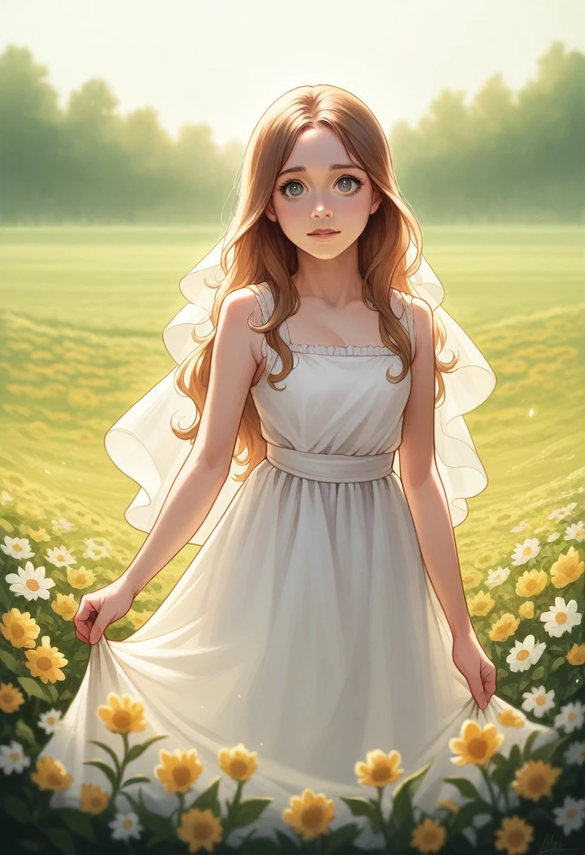 A young innocent girl, delicate features, big eyes, , soft skin, and fragile, wearing a cute dress, standing in a flower field, natural lighting, golden hour, cinematic, warm color tone, highly detailed, photorealistic, 8k, masterpiece nuked in a sexy posy with só mucho cum