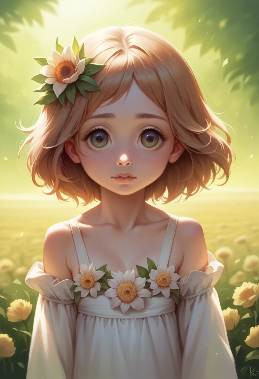 A young innocent girl, delicate features, big eyes, , soft skin, and fragile, wearing a cute dress, standing in a flower field, natural lighting, golden hour, cinematic, warm color tone, highly detailed, photorealistic, 8k, masterpiece nuked in a sexy posy with só mucho cum