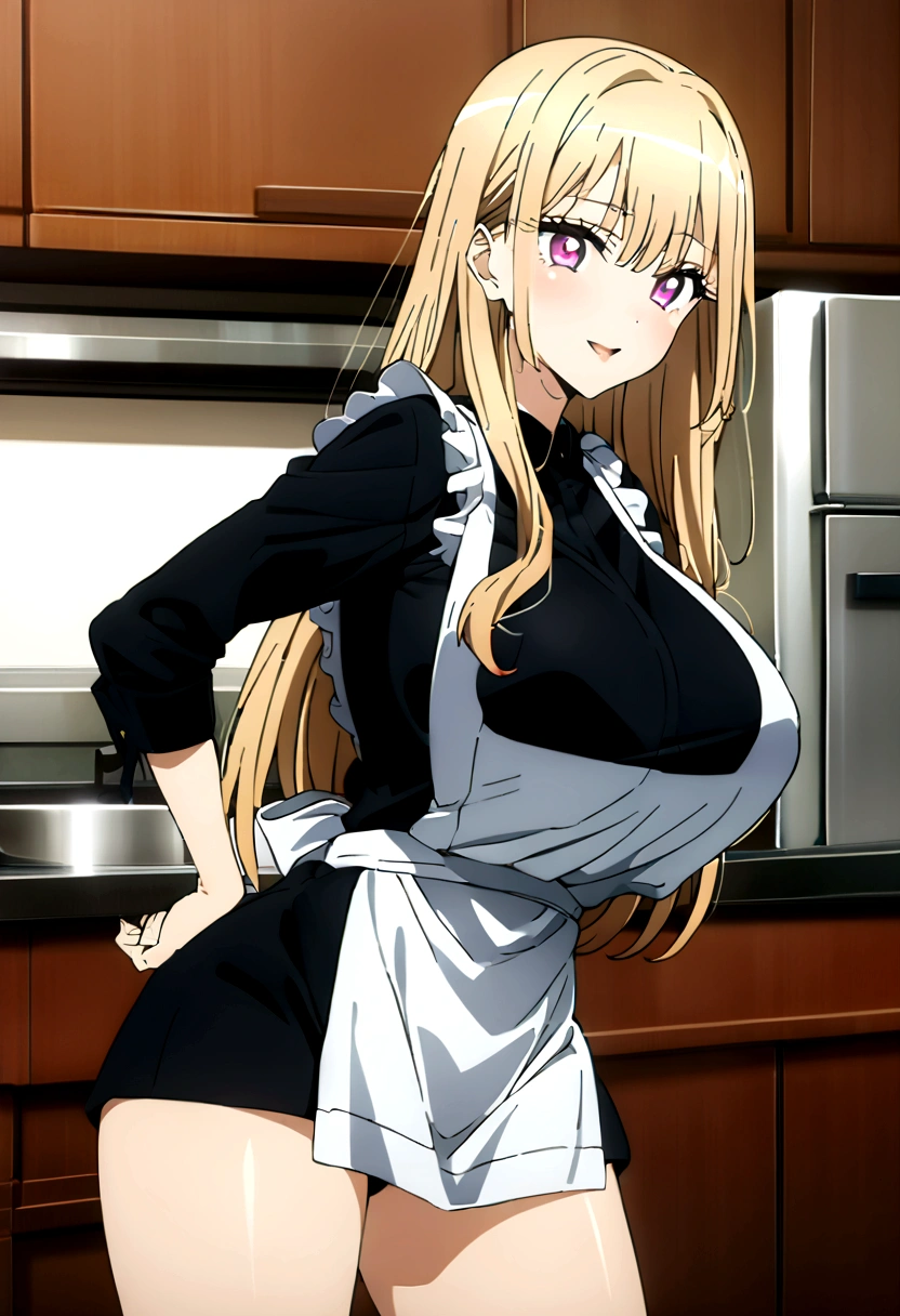 (masterpiece:1.2),(Shiny skin:1.1), Full Body, anime, (anime style:1.5),sexy pose, kitchen background, sexy pose on kitchen board, Heart shaped pupils in eyes,Heart eyes, seducive smile (The body is slim:1.1), (Beautiful blonde long hair:1.2), (Huge breasts:1.5), Floating Hair, (bangs), (white apron only), (cowboy shot:1.5), horny, close to viewer
