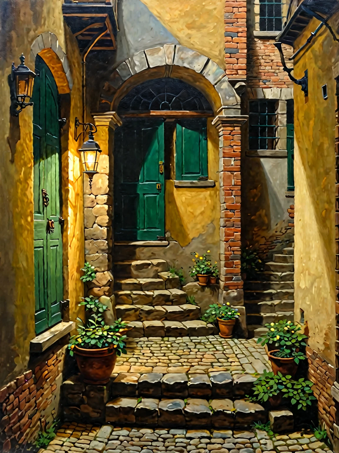 The image you sent me is a painting of a doorway leading to a tunnel. The alleyway is dark and gloomy, and the door is closed. The stairs are made of stone, and they lead up to a doorway. The style of the painting is somewhat impressionistic, with loose brushstrokes and a focus on conveying the overall mood and atmosphere of the scene. The dark and mysterious atmosphere of the scene suggests that it may be intended to evoke a sense of anticipation or suspense. The viewer is left to wonder what lies beyond the closed door, and whether the stairs lead up or down. The overall mood of the painting is one of mystery and suspense. The darkness of the tunnel and the barred window suggest that there is something dangerous or unknown lurking within. The thick stone walls and the heavy wooden door add to the sense of isolation and confinement. The painting is reminiscent of the work of Dutch Golden Age painters such as Pieter de Hooch and Johannes Vermeer. Use of light and shadow to create realistic and atmospheric scene, which helps to create a sense of mystery and intrigue. Painting of a dark and mysterious alleyway. The walls of the alleyway are made of rough stone and are covered in moss and grime. The only light in the alleyway comes from a small, flickering oil lamp that is hanging above the doorway. The doorway is made of heavy, oak wood and is painted a dark green color. The door is slightly ajar, and you can see a flight of stone steps leading down into a dark tunnel beyond. The tunnel is shrouded in darkness, and you cannot see what is at the other end. ((surreal abstract art)), impressionistic oil painting, mystical and whimsical, dreamlike and magical, bold brushstrokes, pastel color palette, vivid colors, perfect rule of thirds composition, very sharp
