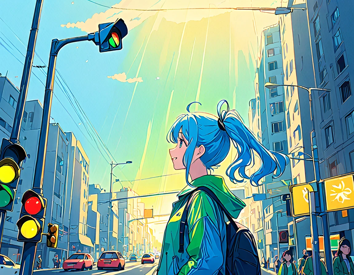 You can see the sea at the end of the slope、Traffic lights flashing blue against the sky、There is a woman looking up at a traffic light floating in the sky., Light blue long hair、Beautiful girl with twin tails、Bright smile、Green blouson、The traffic light is flashing blue、 Lo-fi art style, Nostalgic and melancholic artwork, 