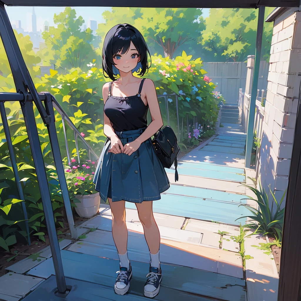 (high quality, High resolution, Very detailed, reality:1.37), Peaceful atmosphere, (Outdoor, garden), Teenage girl standing alone, (my breasts are big.), Beautiful details, Cute Smile, (Black bob hair), camisole, Denim skirt, Blue socks, sneakers.