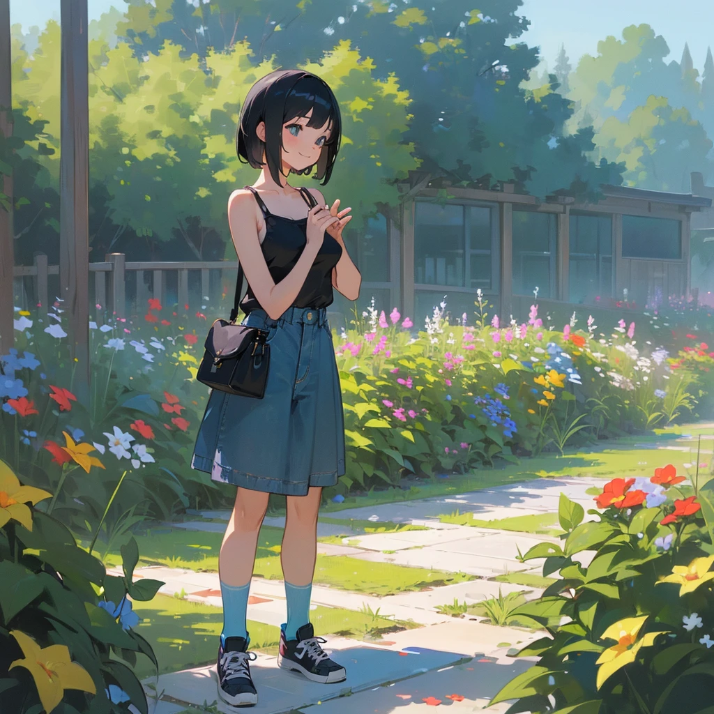 (high quality, High resolution, Very detailed, reality:1.37), Peaceful atmosphere, (Outdoor, garden), age girl standing alone, (my breasts are big.), Beautiful details, Cute Smile, (Black bob hair), camisole, Denim skirt, Blue socks, sneakers.