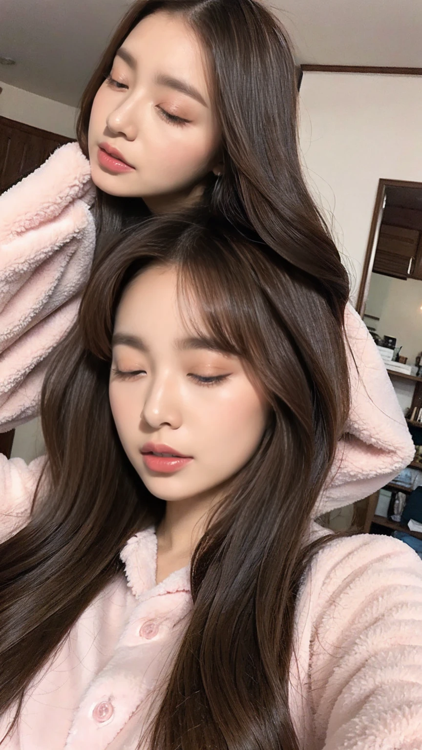 Sleeping girl, 22 years old, Realistic, She is wearing pink long pajamas., Brown Hair.