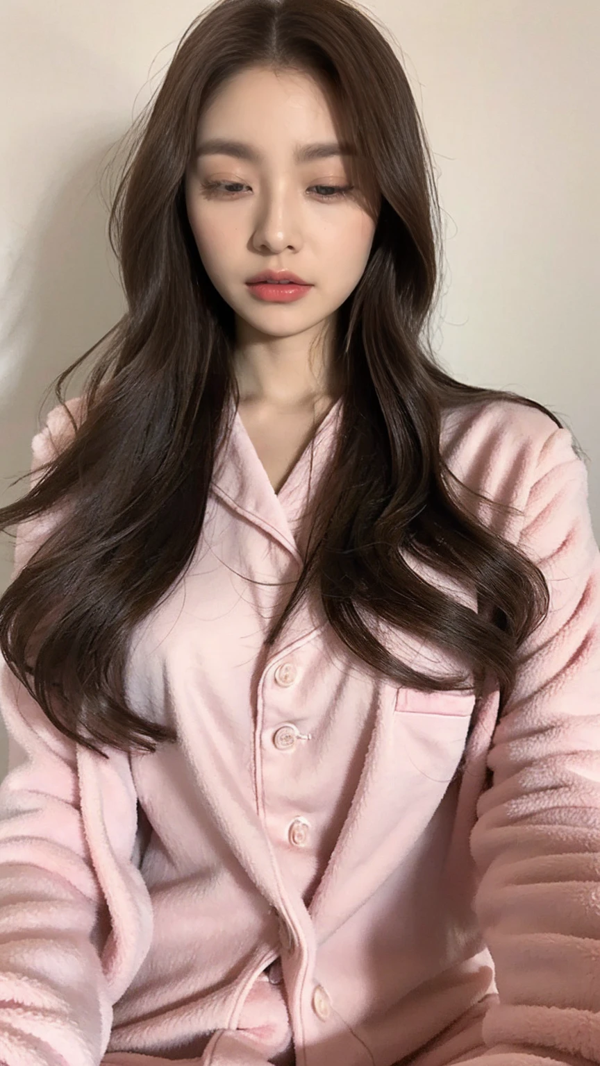 Sleeping girl, 22 years old, Realistic, She is wearing pink long pajamas., Brown Hair.