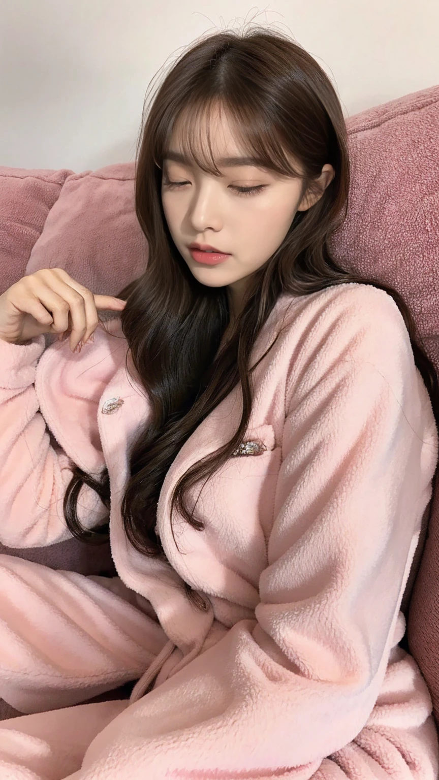 Sleeping girl, 22 years old, Realistic, She is wearing pink long pajamas., Brown Hair.