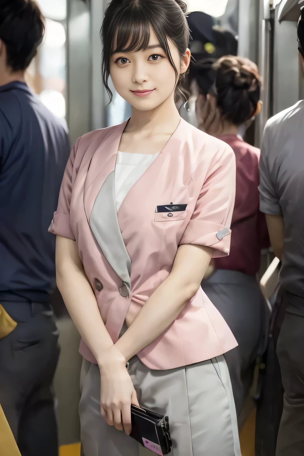 (masterpiece:1.2, Highest quality:1.2), 32K HDR, High resolution, (alone、1 girl)、 (Height: 160cm)、(On the rooftop of a building in the daytime、Professional Lighting)、Building rooftop background、(Nankai train crew uniform pinkを着たリアルスタイル)、(Nankai train crew uniform pink short sleeve collarless pink jacket、Nankai Train Crew Uniform Pink Collarless Short Sleeve Blouse、Nankai Train Crew Uniform Pink Grey Knee-length Culottes)、Dark brown hair、(Hair tied up、Hair tied up、Evening curly hairstyle)、Dark brown hair、Long Shot、Big Breasts、Thin legs、((Great hands:2.0)),((Harmonious body proportions:1.5)),((Normal limbs:2.0)),((Normal finger:2.0)),((Delicate eyes:2.0)),((Normal eyes:2.0)))、smile、(Nankai Train Crew Uniform Pink Grey Knee-length Culottesを見せた美しい歩く姿)、Place your hands around your stomach、Lanyard employee ID card