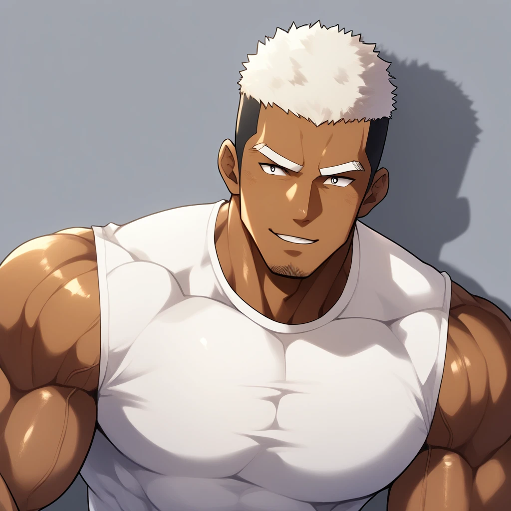 Dark Black Skin negro, anime characters:Gyee, Fitness coach, negro black skin, 1 muscular tough guy, Manliness, male focus, Cream White Sleeveless Tight T-Shirt, Very tight, The pectoral muscles are oversized, Slightly transparent, muscular male, muscular, only, Upper body, alone, White short hair, Thick eyebrows, stubble, Black gemstone eyes, Shiny, Grey background, simple background, amazing quality, best aesthetics, Ridiculous, bright pupils, crew cut, parted lips, seductive smile, torogao, naughty face, drop shadow, best quality