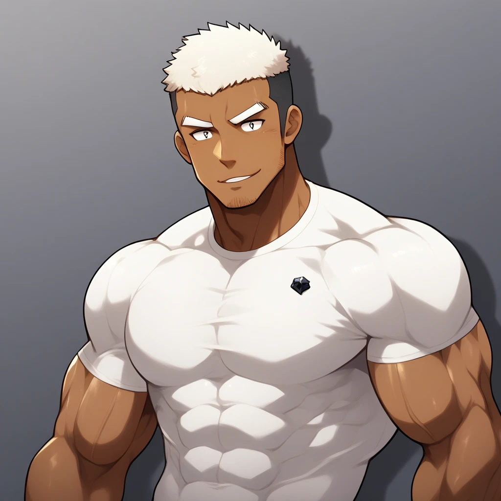 Dark Black Skin negro, anime characters:Gyee, Fitness coach, negro black skin, 1 muscular tough guy, Manliness, male focus, Cream White Sleeveless Tight T-Shirt, Very tight, The pectoral muscles are oversized, Slightly transparent, muscular male, muscular, only, Upper body, alone, White short hair, Thick eyebrows, stubble, Black gemstone eyes, Shiny, Grey background, simple background, amazing quality, best aesthetics, Ridiculous, bright pupils, crew cut, parted lips, seductive smile, torogao, naughty face, drop shadow, best quality