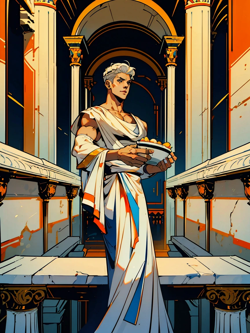 1boy, alone, 25 years old, young, white hair, blue eyes, cheveux blancs, mid lenght hair, bowl haircut, bowl hair cut, boss, formal business outfit, white outfit, arrogant look, hades style, hades game, Jen zee style, greek themed image, greek background, hypnos, tartarus scenery, fumes, greek columns in background, lots of columns, greek architecture, white themed image, white furniture, orange touches of color, orange walls