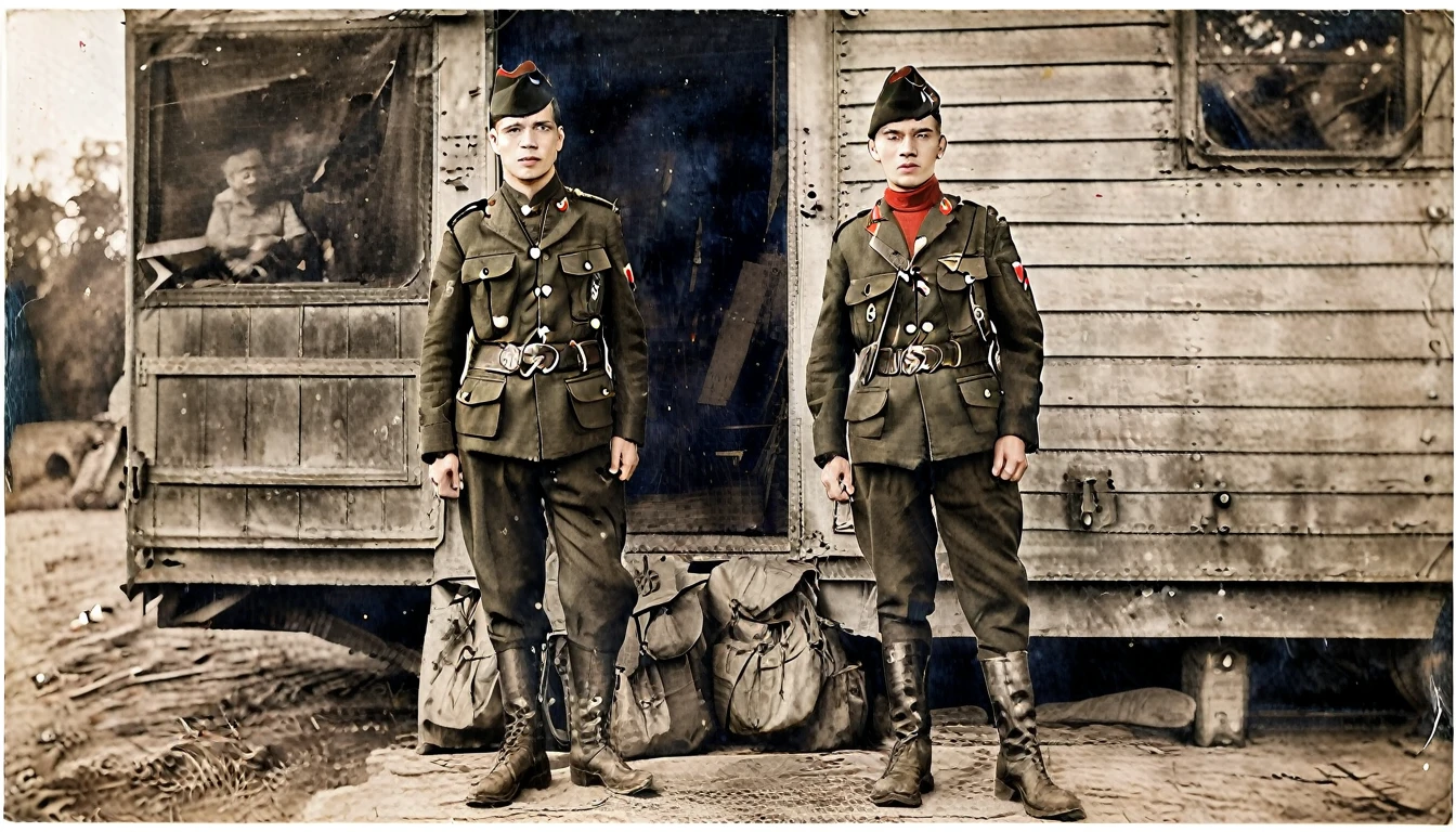 Year 1939, Young man aged 17-18 years , dark green jacket, red turtleneck, The jacket has a red four-pointed star on the lapel.., สวมก black vest throughout the outfit., Wearing light green M35 Harovari pants.., Military boots, Wear a Soviet Pilotka Side Cap.(clamp cap) There is a red star attached to it., Eastern Slavs(Soviet Union), Soviet Union, World War II, old photos