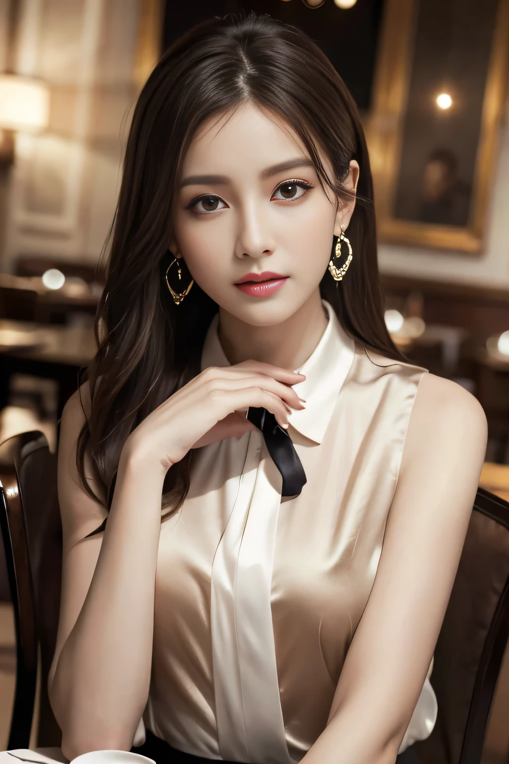 masterpiece, Highest quality, Realistic, Very detailed, Finer details, High resolution, 8k wallpaper, One beautiful woman, Wear an elegant white silk shirt blouse, In a great restaurant, At night, Light Brown Hair, Perfect dynamic composition, Beautiful and beautiful eyes、Big earrings、Sit on a chair、Sleeveless shirt、