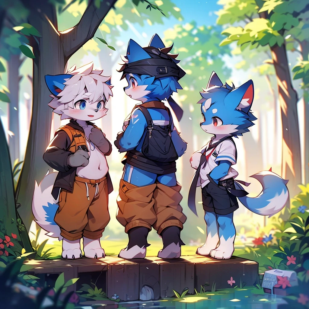 Blue fur, Canine, fox motif, boy, uniform,expensive，Stand on your feet，