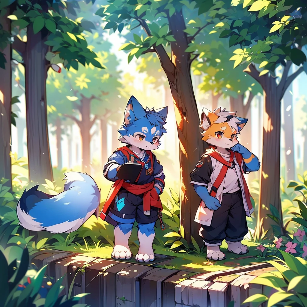 Blue fur, Canine, fox motif, boy, uniform,expensive，Stand on your feet，