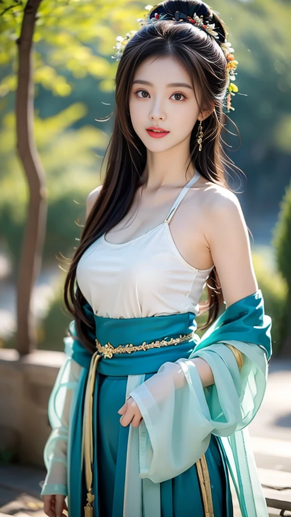 hanfu-song, hanfu, Song Theme, Drawstring, Tube Top, (masterpiece, best quality:1.2), 1 Girl, Solitary, ((Bare shoulders)), (Practical:1.37), ((Bare shoulders)), Random Scenes, Random shooting angle, Sweet Girl, beautiful妆容, Exquisite makeup, Extremely beautiful eyes, Long hair, curls, slim, Large Breasts, cleveage, Sexy slender legs, The skirt is very short, Leaking sexy legs, Elegant Posture, best quality, correct, correct的手, correct的腿, 解剖学correct, Official Art, complicated, detail的脸, detail, lifelike, Very detailed, Astonishing, beautiful, Young and energetic, Charming model, Detailed CG8k wallpaper