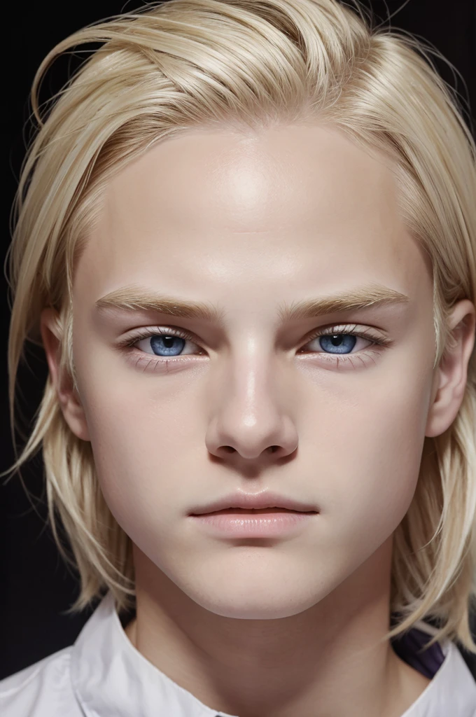 blond hair and pure white skin, but his eyes were not normal. They were a light purple color with darkened sclera and visible pupils.and he look like a 16 years old boy
