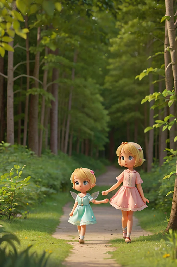 a little blonde girl holding the hand of a blonde fairy with short hair, and they go into a forest