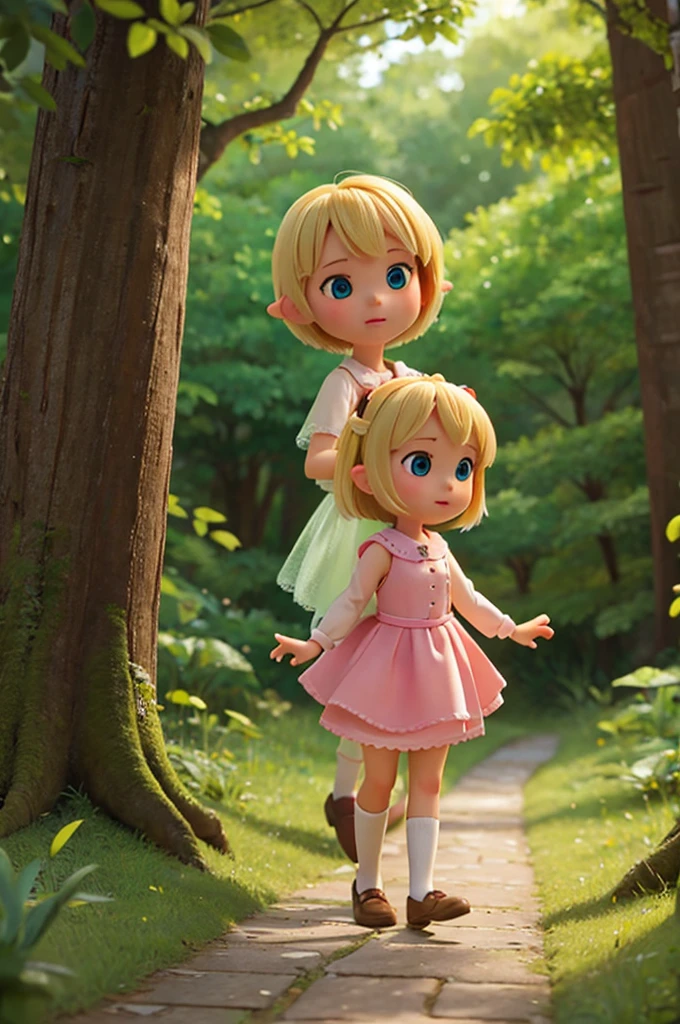 a little blonde girl holding the hand of a blonde fairy with short hair, and they go into a forest
