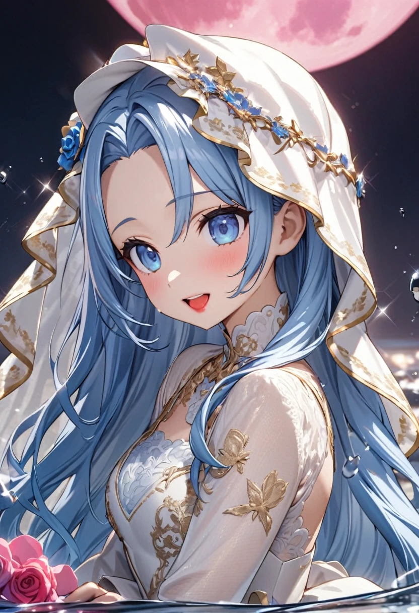 (profile:2 close-up face), (lovely nendoroid:1.4 style) (()), (solo:2 forehead blue hair long hair cute bride girl, lovely blue eyes, ecstasmile), break, (((make-up))) ((red lips)), (open mouth), (in a detailed Blue Rose Embroidery silk:1.5 white wedding dress, silk veil), break, (in the open ocean view beach), (background detailed biggest pink moon), BREAK, perfect anatomy, masterpiece, best quality, 16k, beautiful detailed grow, daydreaming expression.