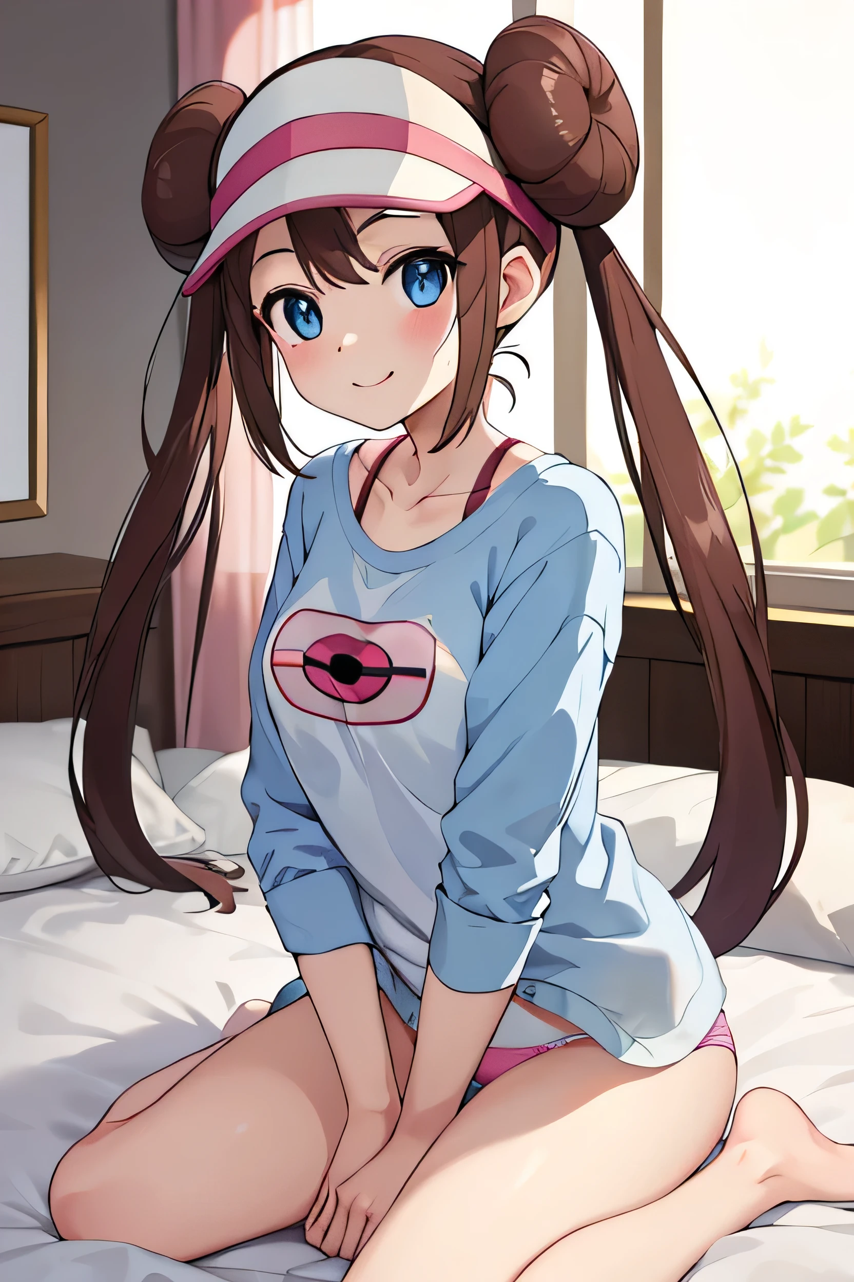 masterpiece、Highest quality、High resolution、B1、Hair Bun、blue eyes、Twin tails、Visor Cap、1 girl、Bedroom、morning、Waking up、good morning、Overreaching、Feeling overlaid、Cute yellow Pokemon pajamas、Skin showing through pajamas、Change of clothes、Panties、In underwear、White lace panties、fine grain、(Excellent rendering)、 Pink Ribbon、clock、monster Ball \(Basic\)、smile