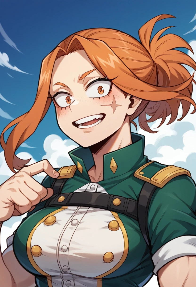 a girl with orange hair and her left eye is blue and her right eye is green with freckles all over her body and a scar on her lips and the girl is created with the drawing style of the anime boku no hero and the uniform of UA academia from the anime my hero academia 