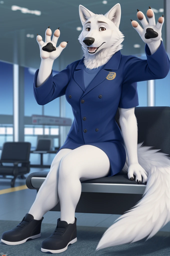 Barbara\(Moscow\), (white body:1.3), white fur, Brown eyes, Moscow, dressed, airport employee uniform,shoes, is sitting, canine, wolf, Detailed fur, Female, breast, antro, paw pads, finger claws, waving, waving at viewer, 5 fingers, paws, 4 toes,ring,
BREAK from nextel, for dating, by xenoforge, (difficult, high detail, film photography, soft focus, RAW is sitting,
Photorealism, realistic, photorealistic, digital style, Subsurface scattering,
masterpiece, Best quality, ultra realistic, 8 k)
