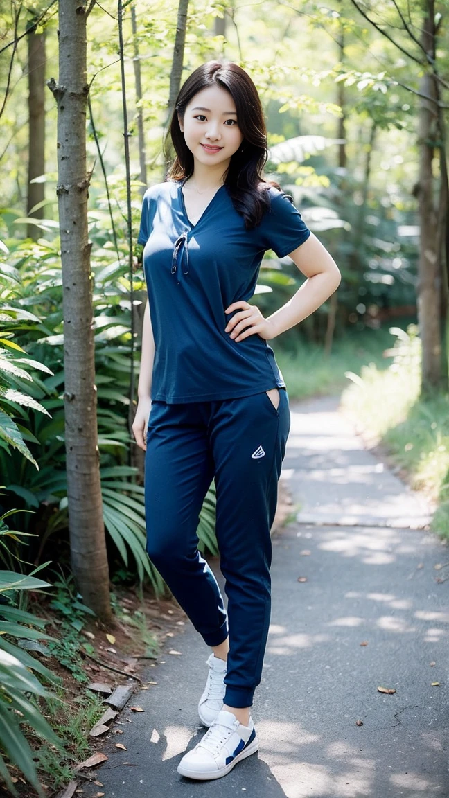 masterpiece, best quality, Surreal, Ultra Detailed, 8k resolution, RAW photos, Clear focus, (A girl in the forest), ((navy blue shirt:1.1)), Short sleeve, Long sweatpants,Breast bump，Full body posture, Solitary, Perfect body, Become a, 32 inches in the chest,(a charming smile:1), (sexy pose)，26 years old, light,White shoes