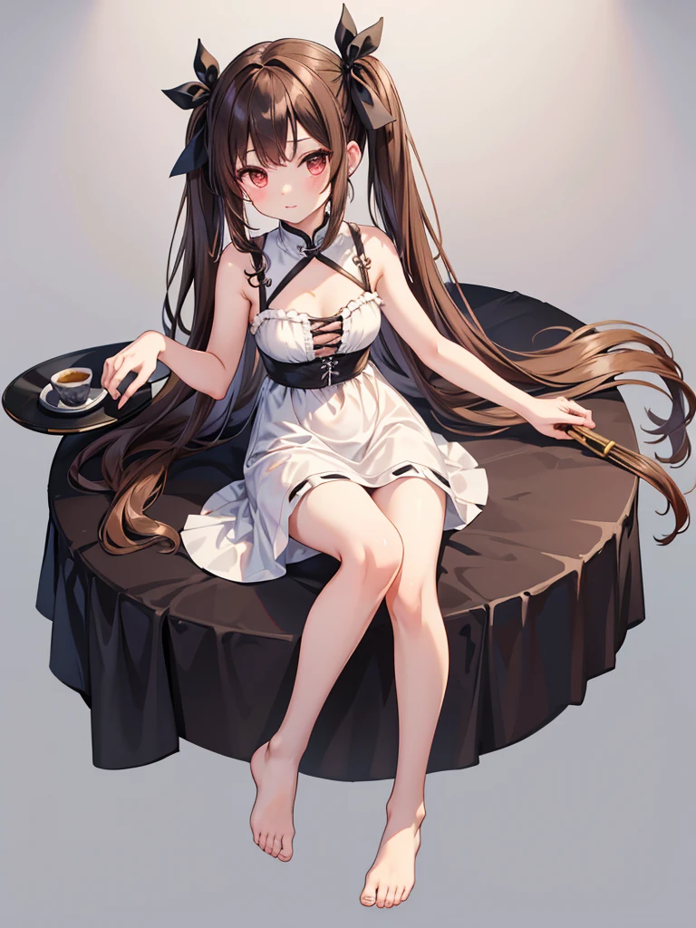 Plain white china dress with black string side opening, sleeveless knee-length cleavage,Brown hair long hair dumpling twin tail, black hair ribbon,white China shoes, Barefoot,About 16 years old,