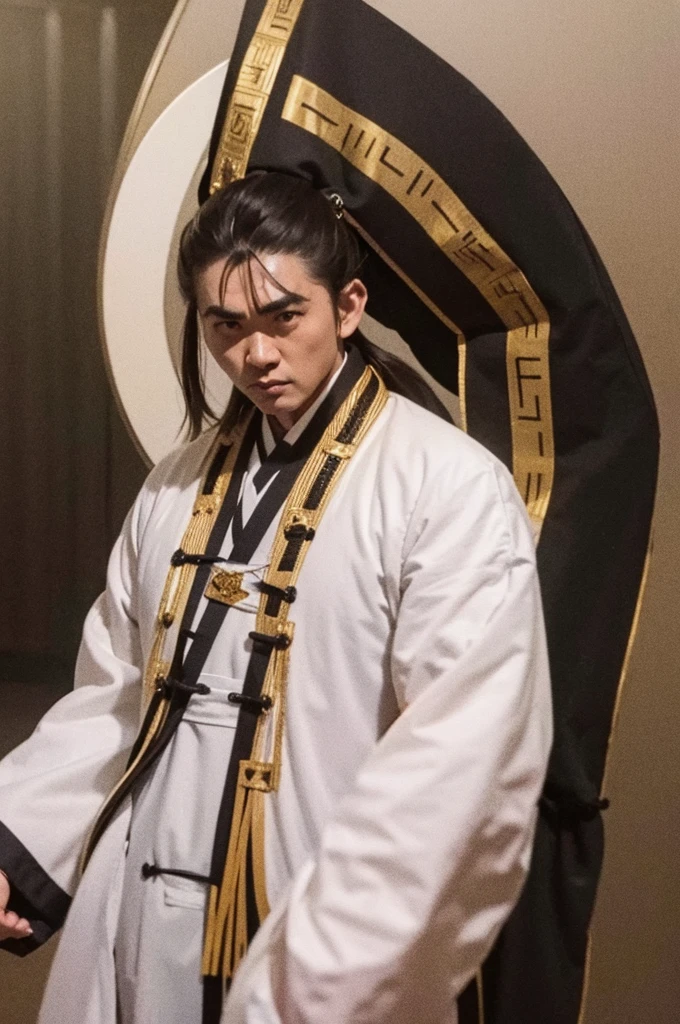 a man in a white robe, young and handsome man, ponytail, waist-length hair, ancient Chinese clothing, qi, a huge saber, ancient Chinese buildings in the background, night, powerful character, purple rays, a beautiful landscape. Detailed face, thick eyebrows, black eyes, 8k, robe embroidered with gold edges, detailed clothing, xianxia, ​​world of cultivation. ((upper body))