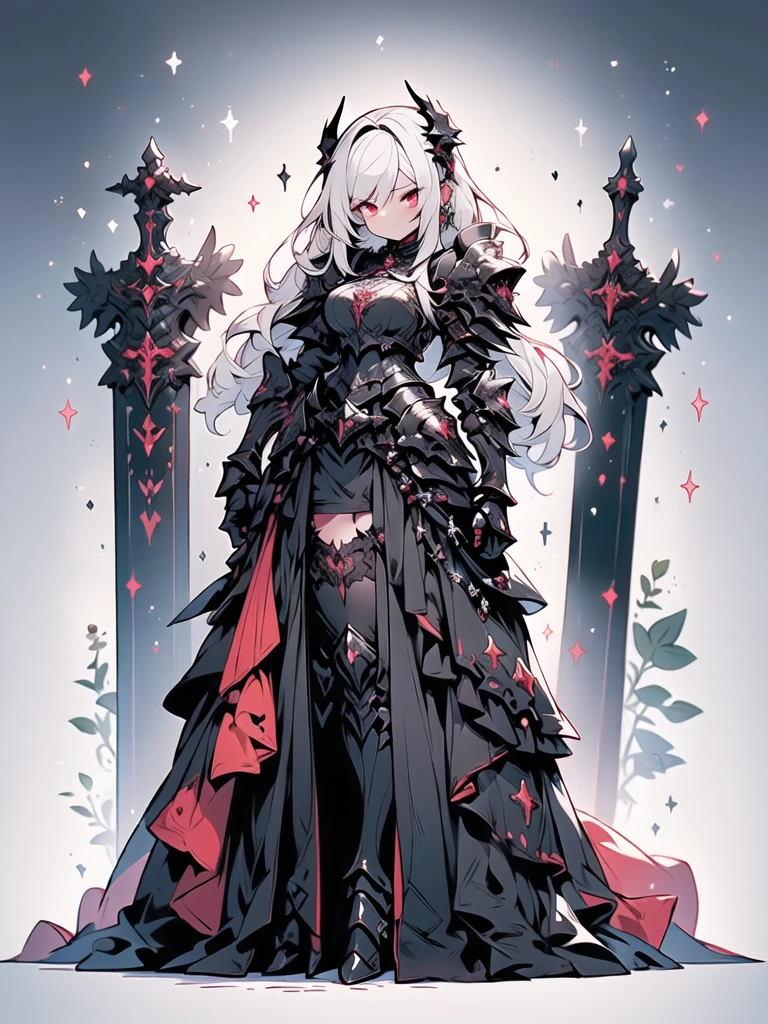 (((masterpiece, best quality, high detailed, 8k)))queen power armor , (gothic style), full body view, The most beautiful and sexy demon goddess, long white hair, glowing red eyes, wearing detailed black gothic battle armor, black angel wings, tattoos and piercings, gothic castle, perfect masterpiece, high quality, high resolution