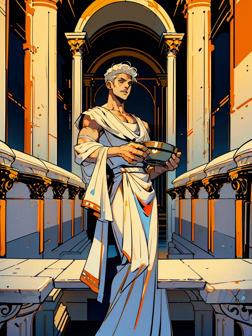 1boy, alone, 25 years old, young, white hair, blue eyes, cheveux blancs, mid lenght hair, bowl haircut, bowl hair cut, boss, formal business outfit, white outfit, arrogant look, hades style, hades game, Jen zee style, greek themed image, greek background, hypnos, tartarus scenery, fumes, greek columns in background, lots of columns, greek architecture, white themed image, white furniture, orange touches of color, orange walls
