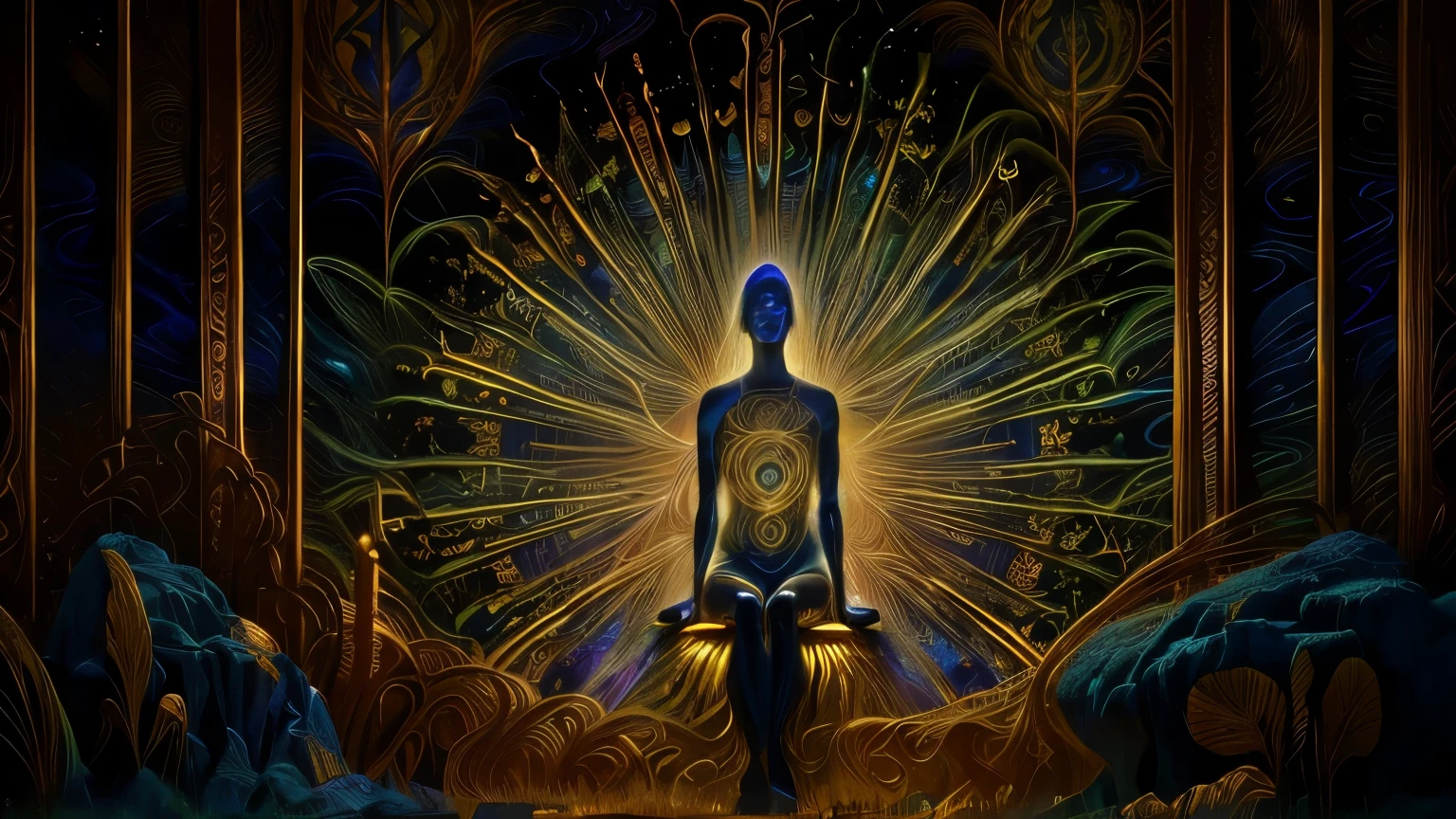 Create a painting in the style of Alex Grey, incorporating elements inspired by Tim Hildebrandt, DMT art, and the spiritual essence of Alex Grey and Beksinski. The scene should depict a man with a radiant body and the presence of an interdimensional being. The artwork should convey the illumination and insights gained from a DMT experience, with visuals reflecting elevated cons 8kciousness and spiritual awareness. Include motifs such as astral appearance, the spirit of ayahuasca, and entities from DMT visions.
The central focus should be on a figure sitting in a meditation pose in an open field at sunset. The scene should evoke a profound sense of serenity and acceptance, with the sunset's light enveloping the figure to suggest inner strength and peace.