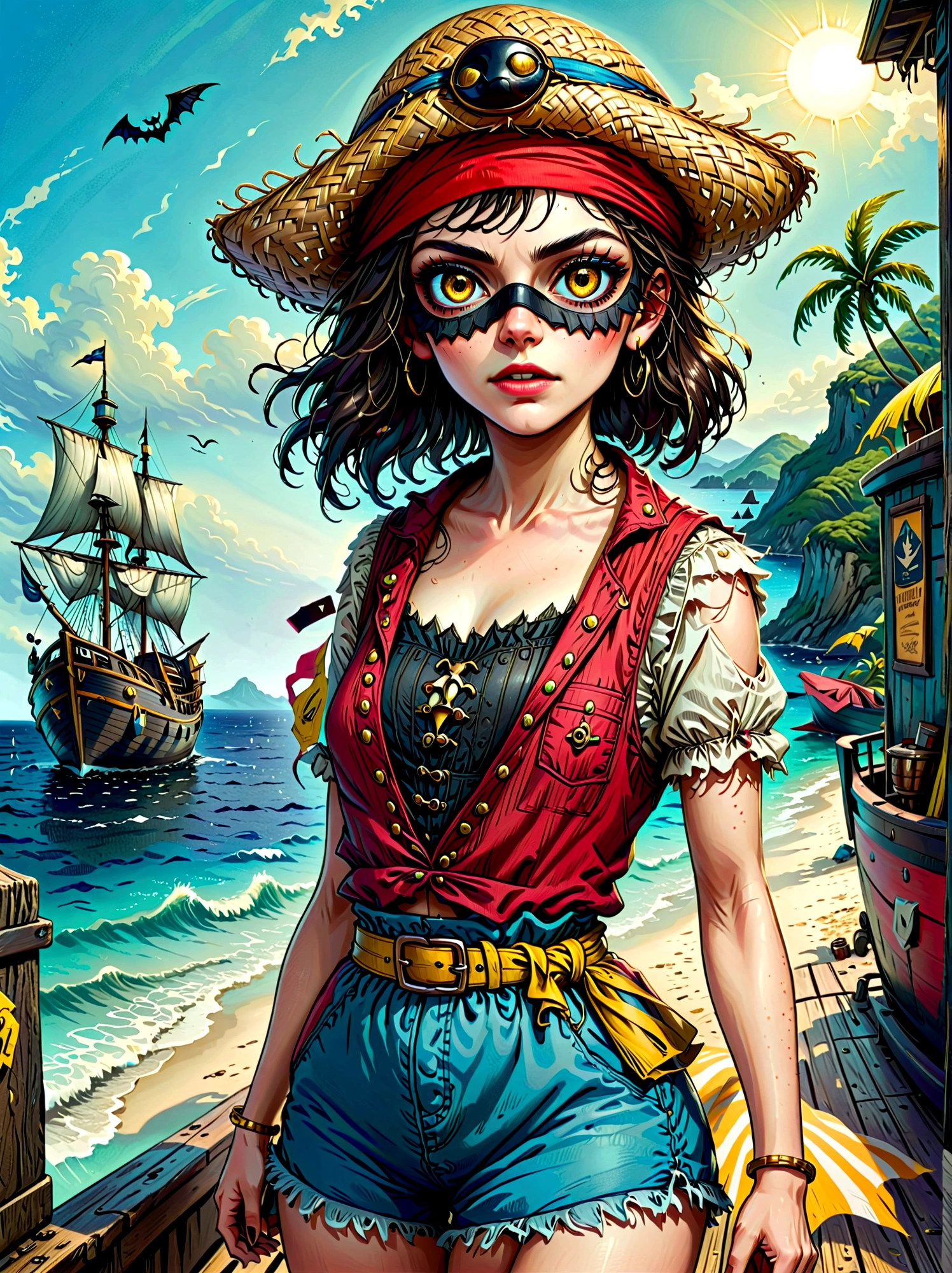 (whole body:1.3), 1 female captain, Wearing a straw hat, (Wearing a black eye mask), Rich expression, (gloomy), (Gothic horror), illustration, Red vest, Blue shorts, Yellow belt, Black sandals, (Strange), exaggerated, Caribbean Sea in the background，Boat deck，Dark theme elements, Pencil Sketch
