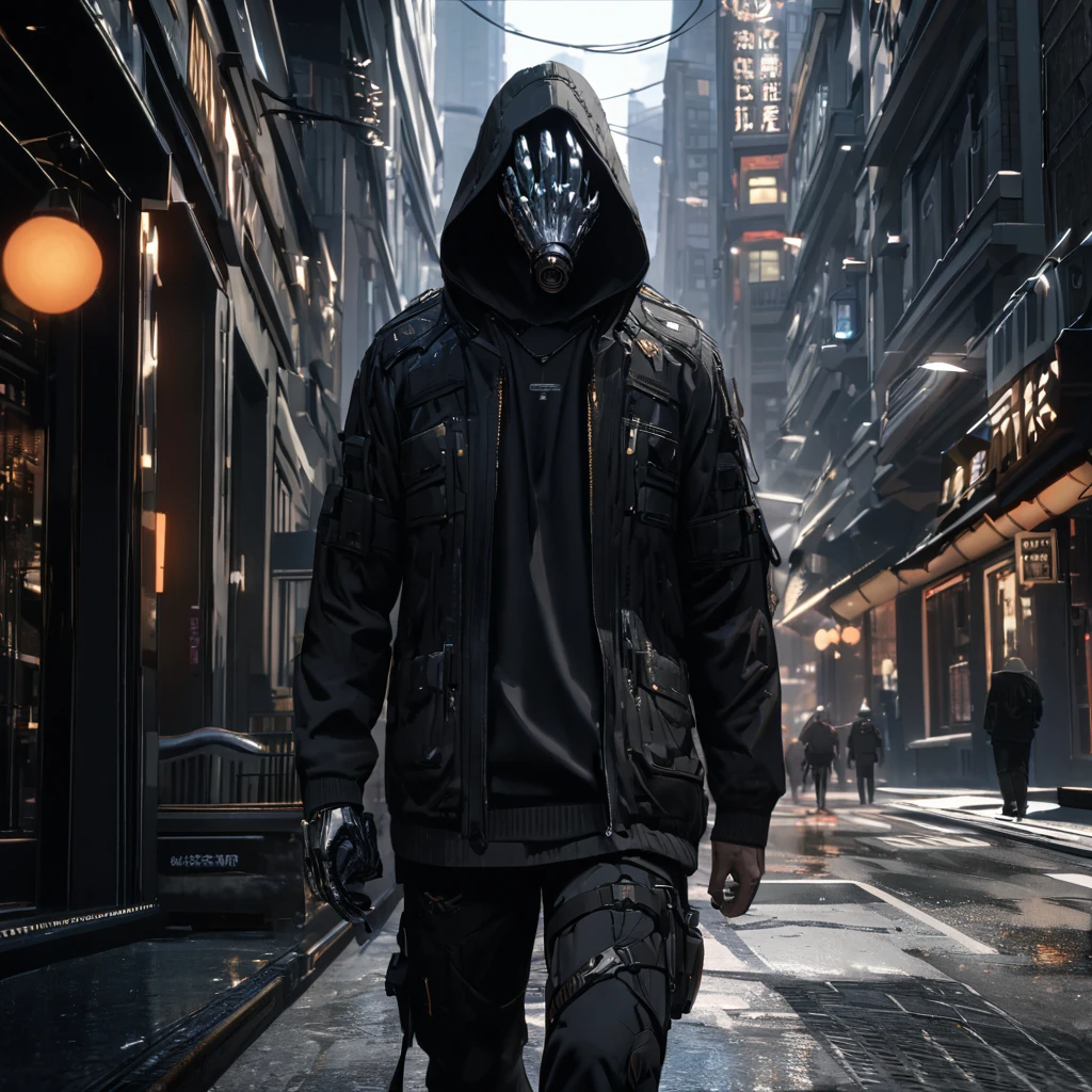 A man wearing a black sweatshirt, black pants, black hood, silver hair, a plastic hand on his face, covered face, walking down a city street, with a dark appearance in the place, dark aura, smiling.,UHD , work- prime, precise, anatomically correct, textured skin, super details, high quality, best quality, 8k, high resolution, bokeh effect. (man alone)
