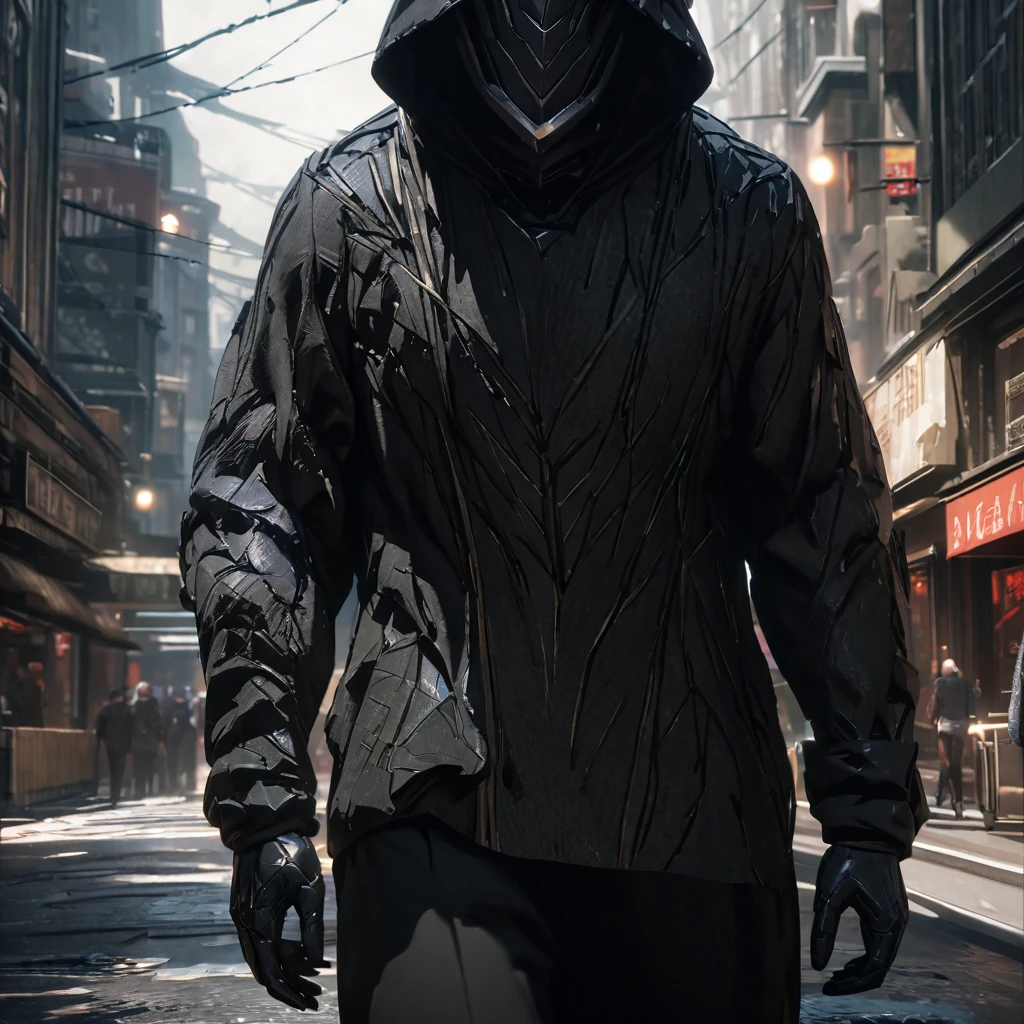 A man wearing a black sweatshirt, black pants, black hood, silver hair, a plastic hand on his face, covered face, walking down a city street, with a dark appearance in the place, dark aura, smiling.,UHD , work- prime, precise, anatomically correct, textured skin, super details, high quality, best quality, 8k, high resolution, bokeh effect. (man alone)
