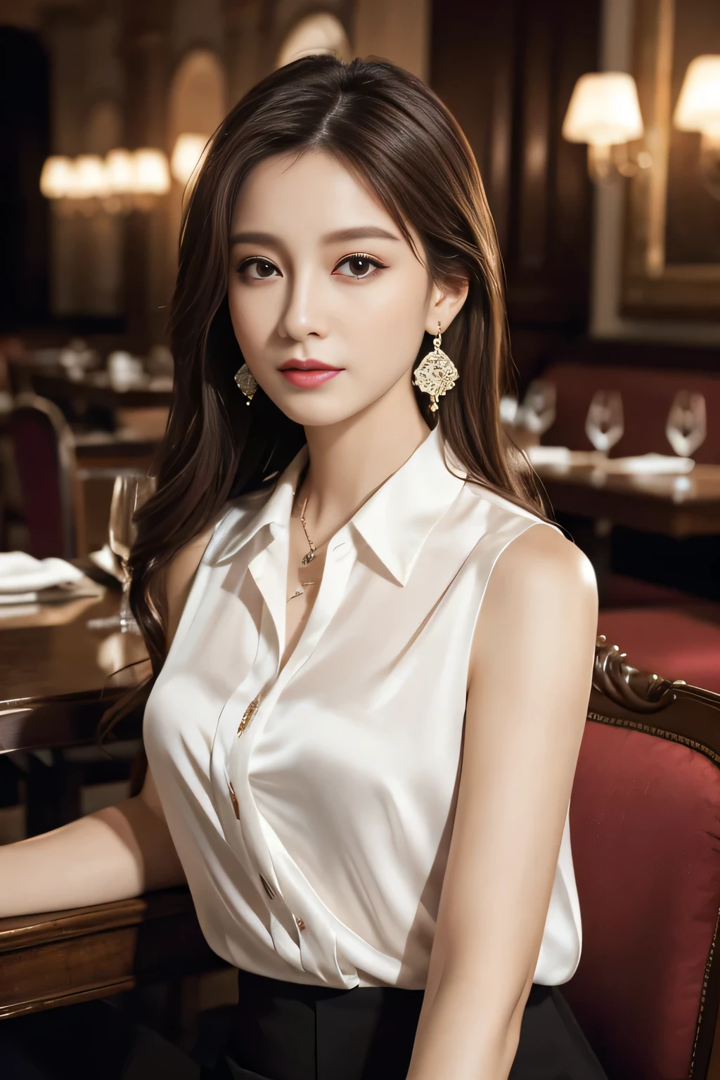 masterpiece, Highest quality, Realistic, Very detailed, Finer details, High resolution, 8k wallpaper, One beautiful woman, Wear an elegant white silk shirt blouse, In a great restaurant, At night, Light Brown Hair, Perfect dynamic composition, Beautiful and beautiful eyes、Big earrings、Sit on a chair、Sleeveless shirt、