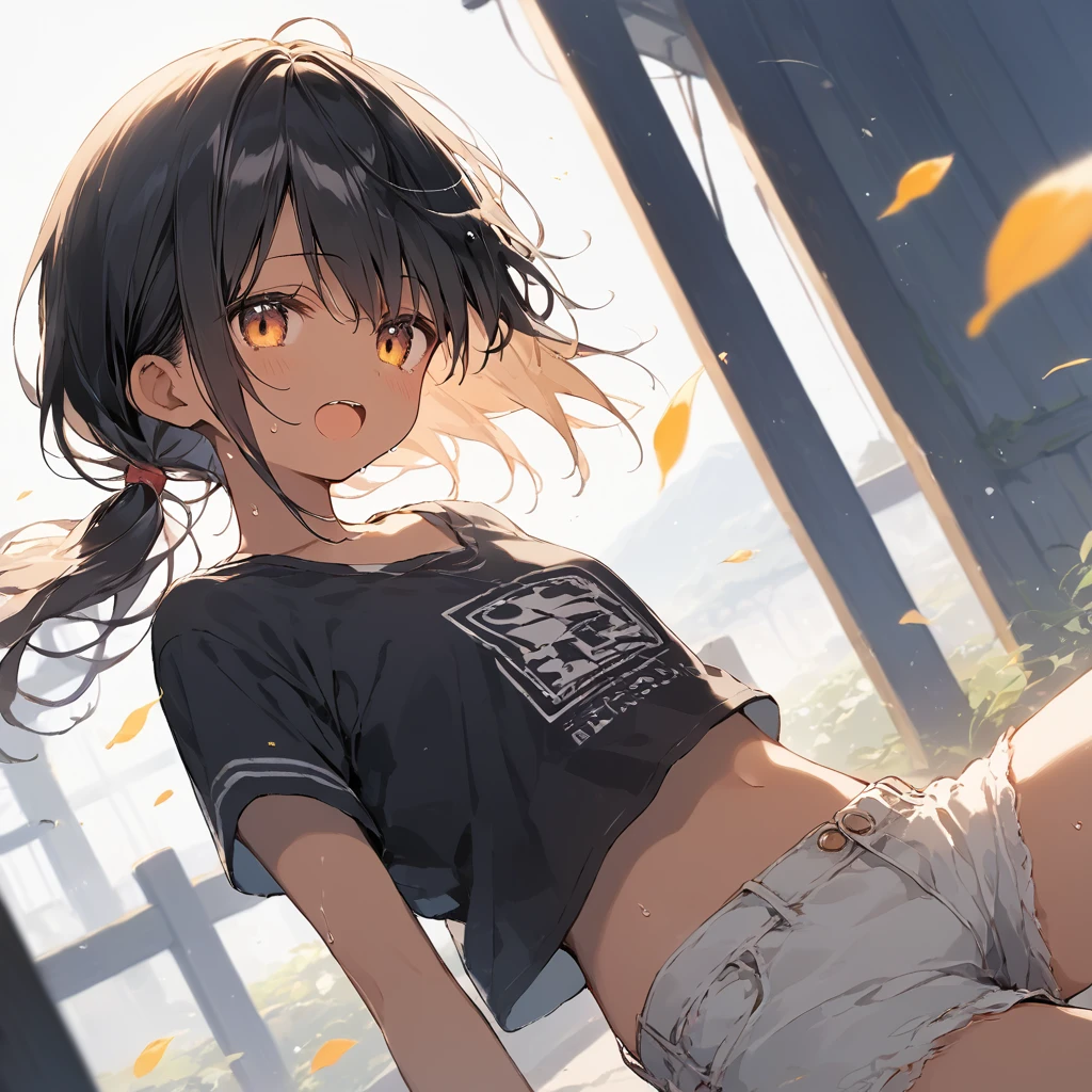score_9, score_8_up, score_7_up, source_anime, best quality, masterpiece, official art, absurdres, highres, ultra-detailed,waifu2x,Collection: Slice of Life,break,1girl, tomboy, dark-skinned female, short hair, low ponytail, flat chest, beautiful detailed eyes, short shorts, sweat, open mouth, (yawn:0.3), sleepily, outdoors, wind, break,(clear line illustration:1.2),very high resolution, very aesthetic, super detailed skin, Best sexual lighting powered by famous artist, 8k,cute picture,beauty illustration,photoshop_(medium),,(Detailed Lighting),best anime 8k konachan wallpaper, pixiv contest winner,