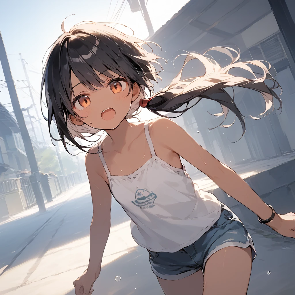 score_9, score_8_up, score_7_up, source_anime, best quality, masterpiece, official art, absurdres, highres, ultra-detailed,waifu2x,Collection: Slice of Life,break,1girl, tomboy, dark-skinned female, short hair, low ponytail, flat chest, beautiful detailed eyes, short shorts, sweat, open mouth, (yawn:0.3), sleepily, outdoors, wind, break,(clear line illustration:1.2),very high resolution, very aesthetic, super detailed skin, Best sexual lighting powered by famous artist, 8k,cute picture,beauty illustration,photoshop_(medium),,(Detailed Lighting),best anime 8k konachan wallpaper, pixiv contest winner,