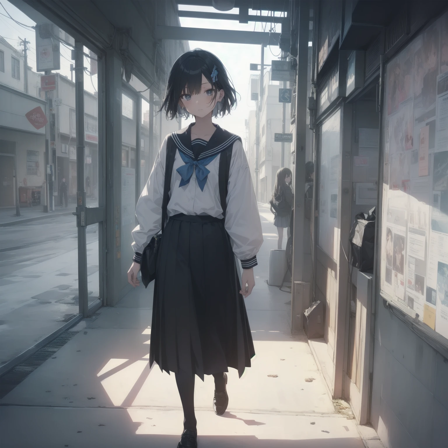 ultra-absurdres-Top quality by artist God, ultra-detailed, high resolution, anime moe artstyle, best anime 8k konachan wallpaper, pixiv contest winner, pool:2810, perfect anatomy,break, 1girl, (Please draw a girl walking sleepily to school alone. )break,(Solo,little female, -yeld:1.Full limbs, complete fingers,a junior hihort hair), short cut, flat chest, , small butt, small black eyes, beautiful detailed eyes, well-proportioned iris and pupils, expressive eyes, highres detailed hair, soft expression, salor school_uniform, sailor collar, serahuku, bow, pleated skirt,(Detailed Lighting), (Detailed background), in the School commute route. break,super detailed skin, Best cinematic lighting powered by famous artist, 8k,beauty illustration,photoshop_(medium),very aesthetic,break,((artist:takafumi )), artist:clamp ,artist:carnelian ,artist:kantoku ,