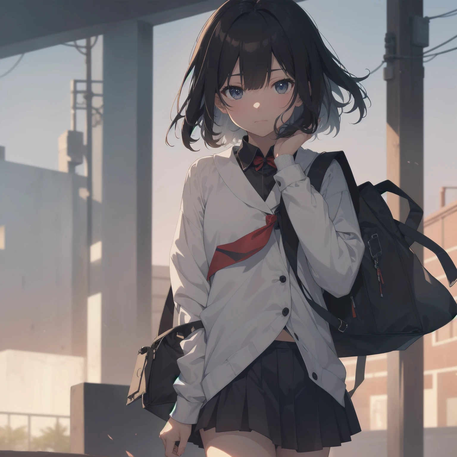 ultra-absurdres-Top quality by artist God, ultra-detailed, high resolution, anime moe artstyle, best anime 8k konachan wallpaper, pixiv contest winner, pool:2810, perfect anatomy,break, 1girl, (Please draw a girl walking sleepily to school alone. )break,(Solo,little female, 13-year-old:1.3),Full limbs, complete fingers,a junior high school student, (very short hair), short cut, flat chest, , small butt, small black eyes, beautiful detailed eyes, well-proportioned iris and pupils, expressive eyes, highres detailed hair, soft expression, salor school_uniform, sailor collar, serahuku, bow, pleated skirt,(Detailed Lighting), (Detailed background), in the School commute route. break,super detailed skin, Best cinematic lighting powered by famous artist, 8k,beauty illustration,photoshop_(medium),very aesthetic,break,((artist:takafumi )), artist:clamp ,artist:carnelian ,artist:kantoku ,