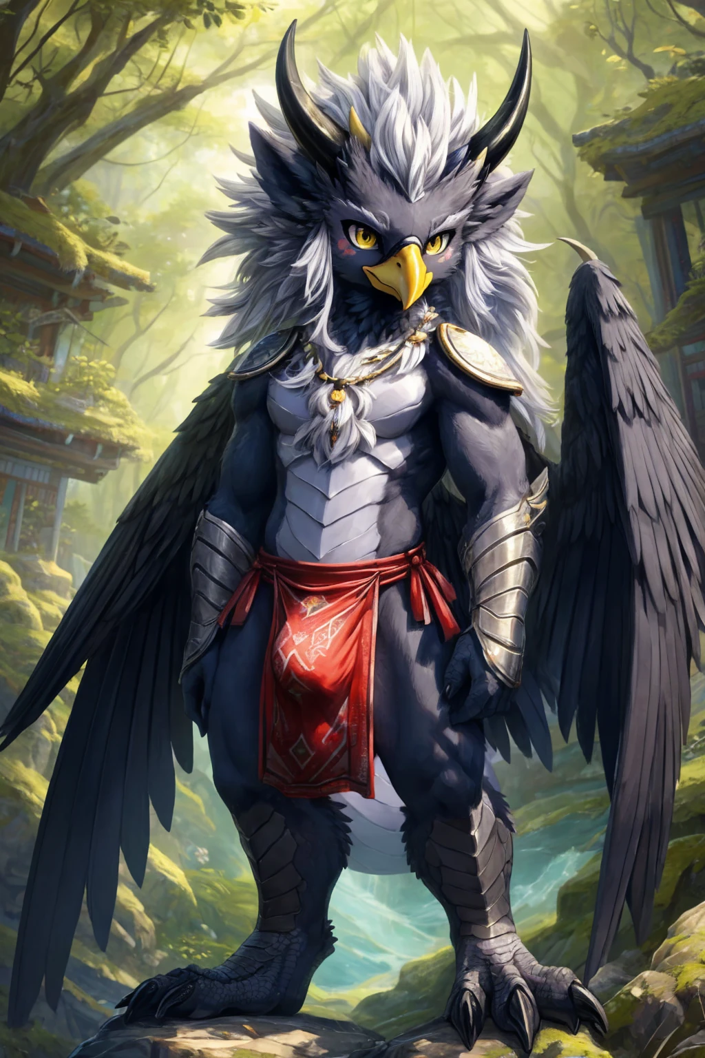 ultra-detailed, masterpiece, masterwork, high quality, best quality, hdr, (nature, japanese style), nsfw, male, solo, dragon, avian, chibi, (bulge loincloth), (navy little body crow), (long silver hair, beak, horn), detailed yellow eyes, tsurime, standing, dynamic angle, wings