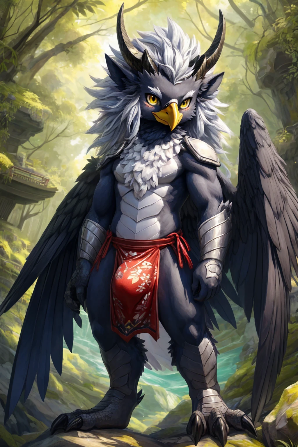 ultra-detailed, masterpiece, masterwork, high quality, best quality, hdr, (nature, japanese style), nsfw, male, solo, dragon, avian, chibi, (bulge loincloth), (navy little body crow), (long silver hair, beak, horn), detailed yellow eyes, tsurime, standing, dynamic angle, wings