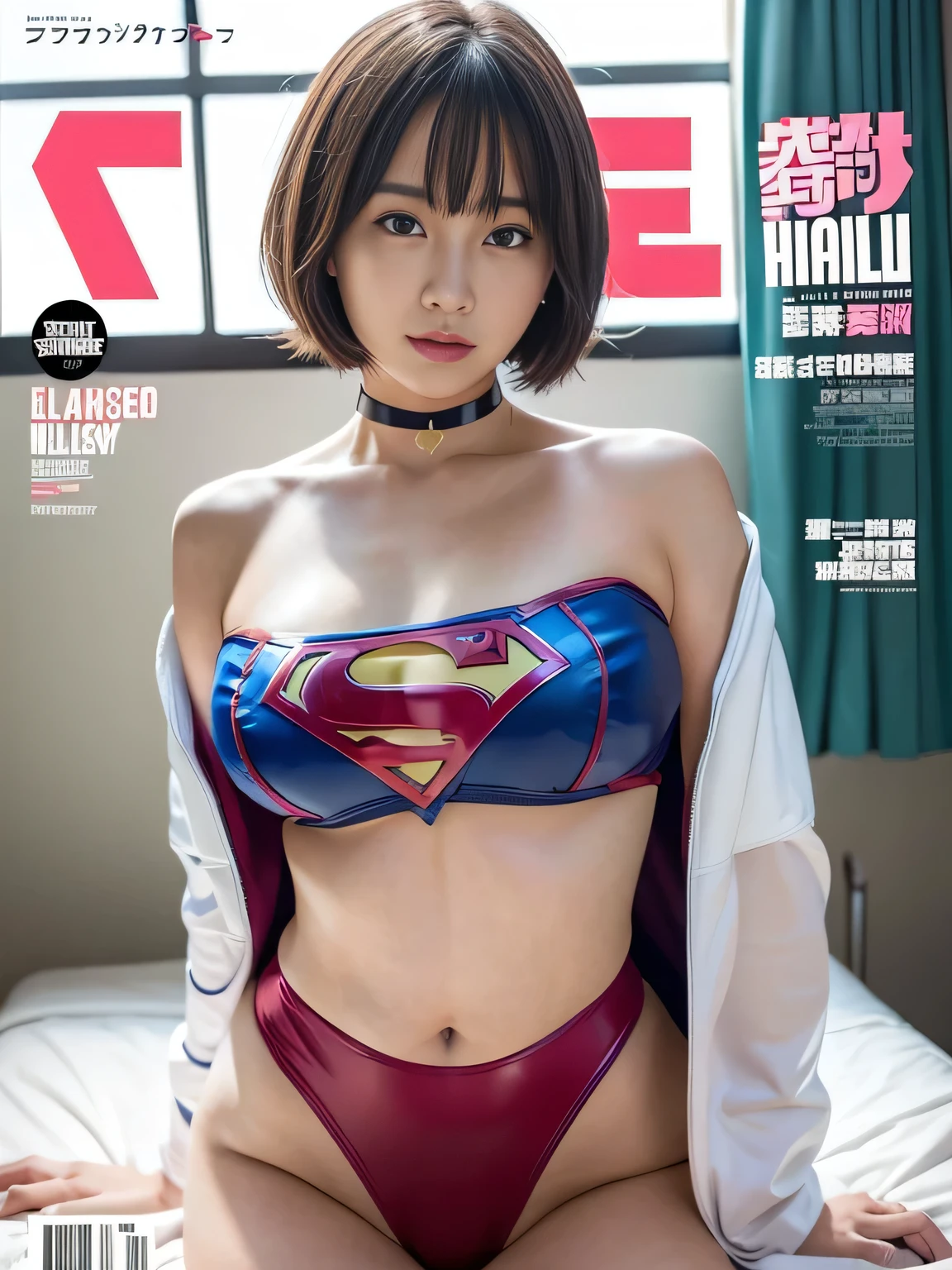 masterpiece、Enamel Supergirl Costume、Short Hair、Hospital operating table、Crisis situation、Big and ample breasts、looking at the camera、Shiny、Off the shoulder、choker、Long sleeve、exy poses to seduce、Sweaty skin、Model Body Type、Alluring、charm、Enchanting、Abused、test subject、victim、Wild、Photorealistic、latex、Expose your belly、athlete、Racing Bloomers、Adult magazine cover layout、