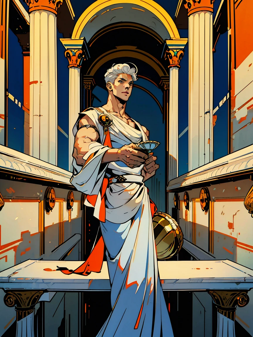 1boy, alone, 25 years old, young, white hair, blue eyes, cheveux blancs, mid lenght hair, bowl haircut, bowl hair cut, boss, formal business outfit, white outfit, arrogant look, hades style, hades game, Jen zee style, greek themed image, greek background, hypnos, tartarus scenery, fumes, greek columns in background, lots of columns, greek architecture, white themed image, white furniture, orange touches of color, orange walls, looking at viewer