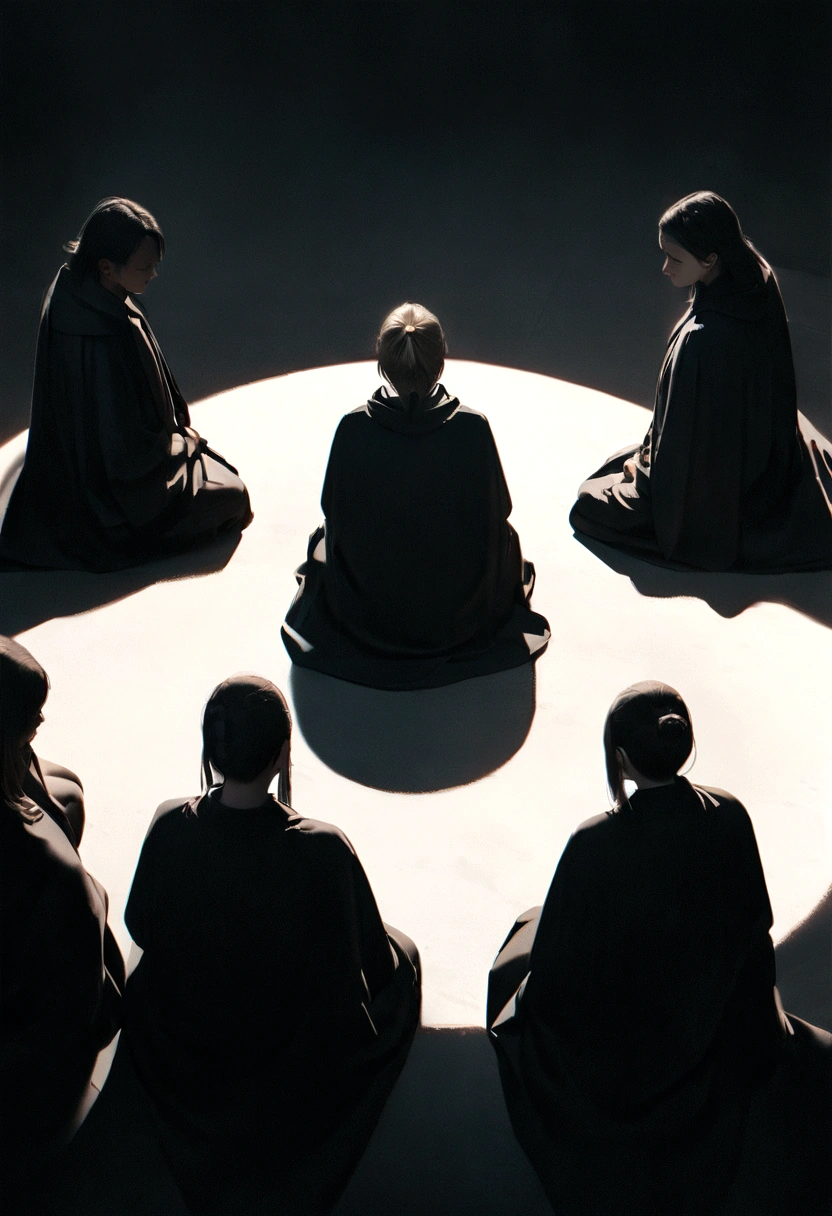"A group of 4 people in large black robes, sitting in a circle, minimalist characters, 8k resolution, high definition, photorealistic, cinematic lighting, melancholic atmosphere, dramatic shadows, muted color palette."