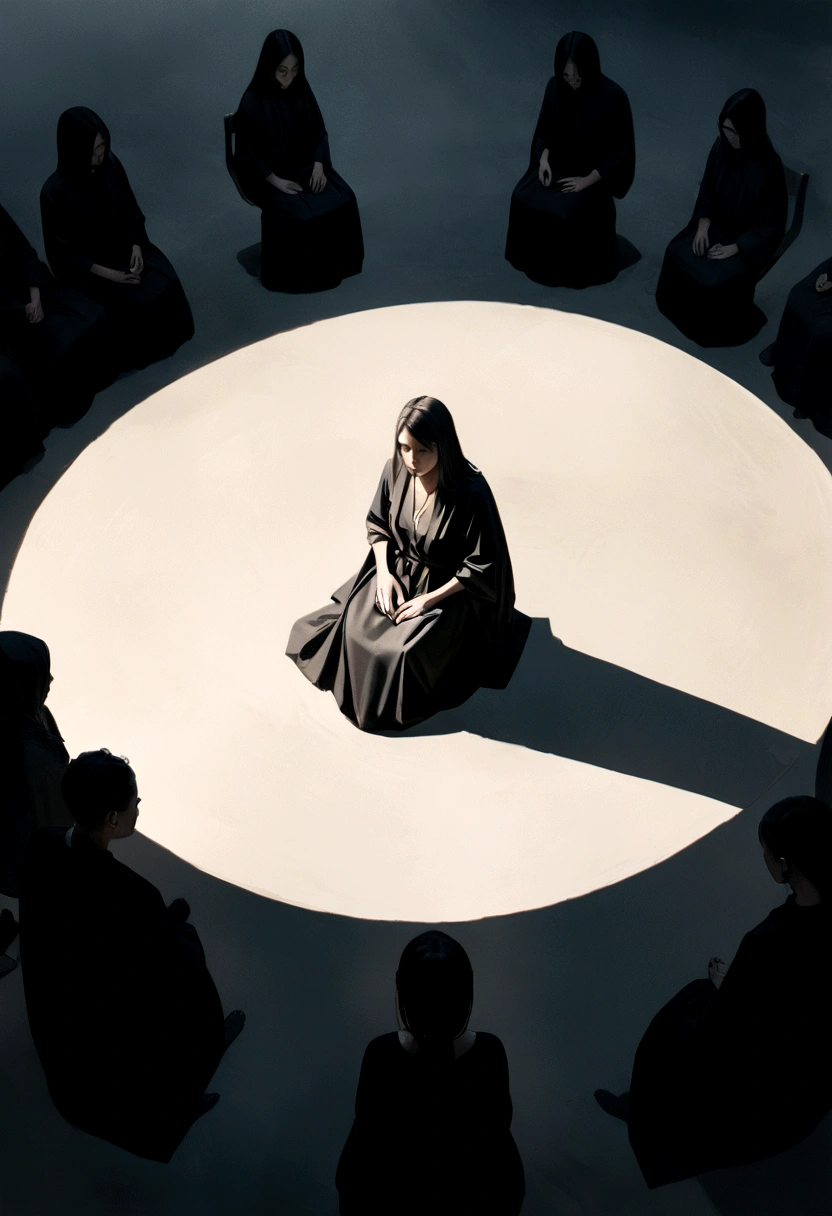 "A group of 4 people in large black robes, sitting in a circle, minimalist characters, 8k resolution, high definition, photorealistic, cinematic lighting, melancholic atmosphere, dramatic shadows, muted color palette."