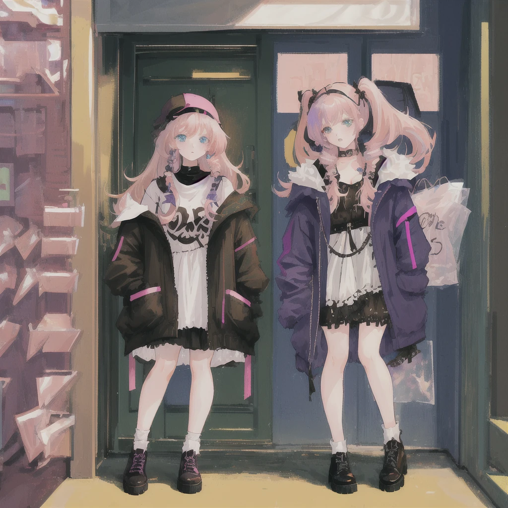 2 girls. one girl has short purple hair, golden-brown eyes, and brown skin. This girl is wearing goth eclectic fashion style. The other girl has long pink hair, blue-green eyes, and pale skin. She is wearing coquette fashion style.