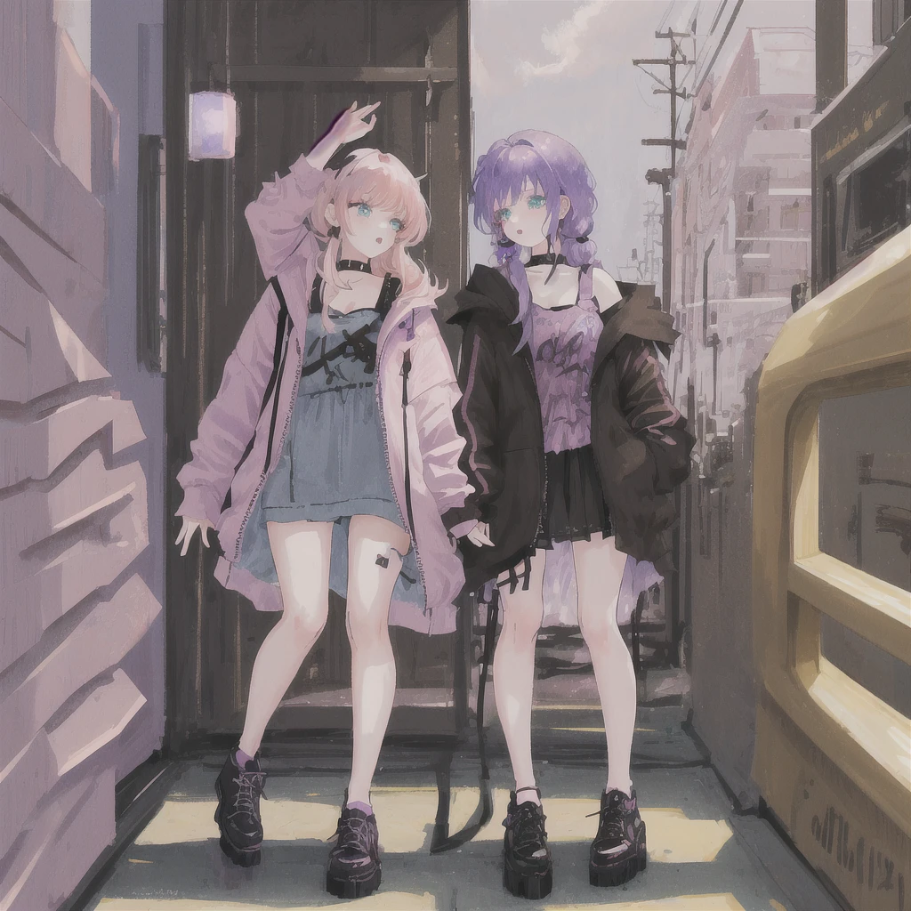 2 girls. one girl has short purple hair, golden-brown eyes, and brown skin. This girl is wearing goth eclectic fashion style. The other girl has long pink hair, blue-green eyes, and pale skin. She is wearing coquette fashion style.