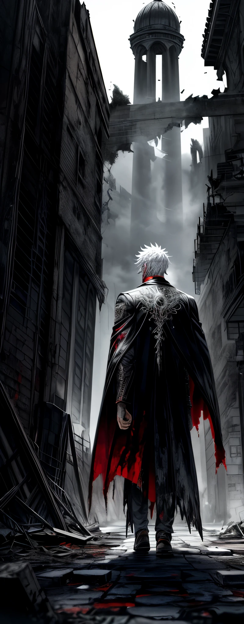 1male people, White hair, Red eyes, (uncle_Shot:1.2), Face focus, Back shadow, side locks,collapse，Wearing a cape, He walked forward，It is surrounded by ruins，There is a terrifying tower ahead, Moonshine is blood-red，Overall cool tones，Moody, Darkness, ,, Dusty, Post-apocalypse,, masterful, Beautiful 8k wallpaper, Extremely detailed, iintricate，Broken clothes，High gloss
